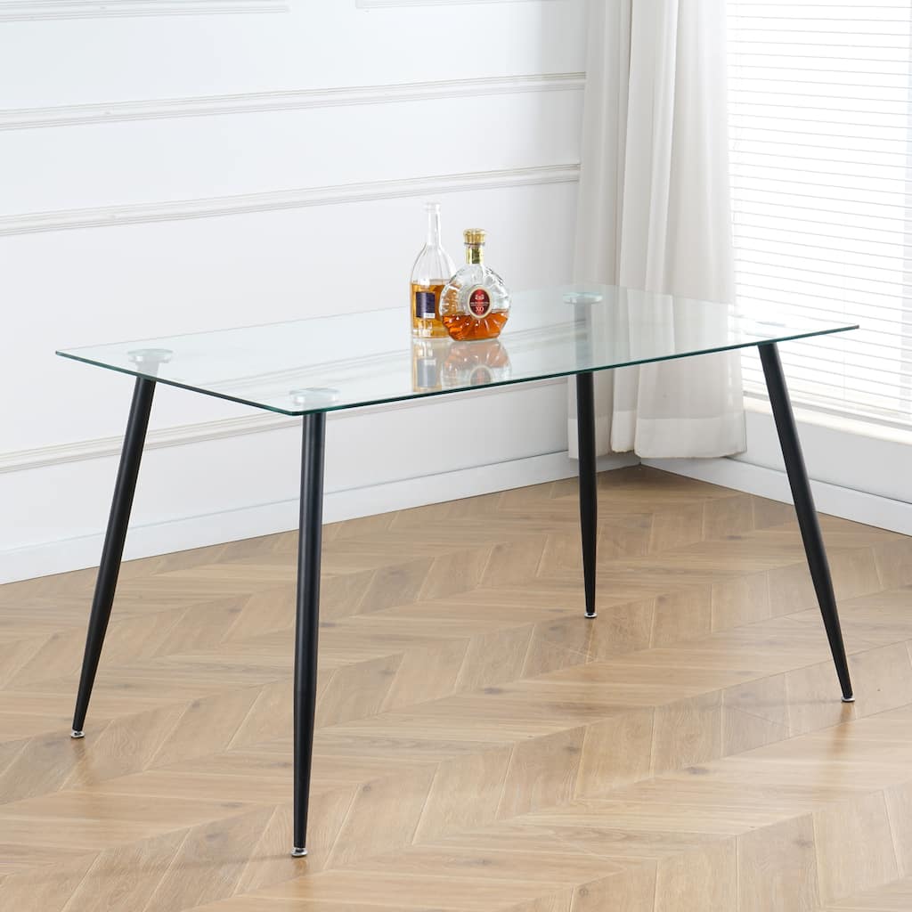 Modern Kitchen Glass Dining Table with Tempered Glass Table top,Metal Legs