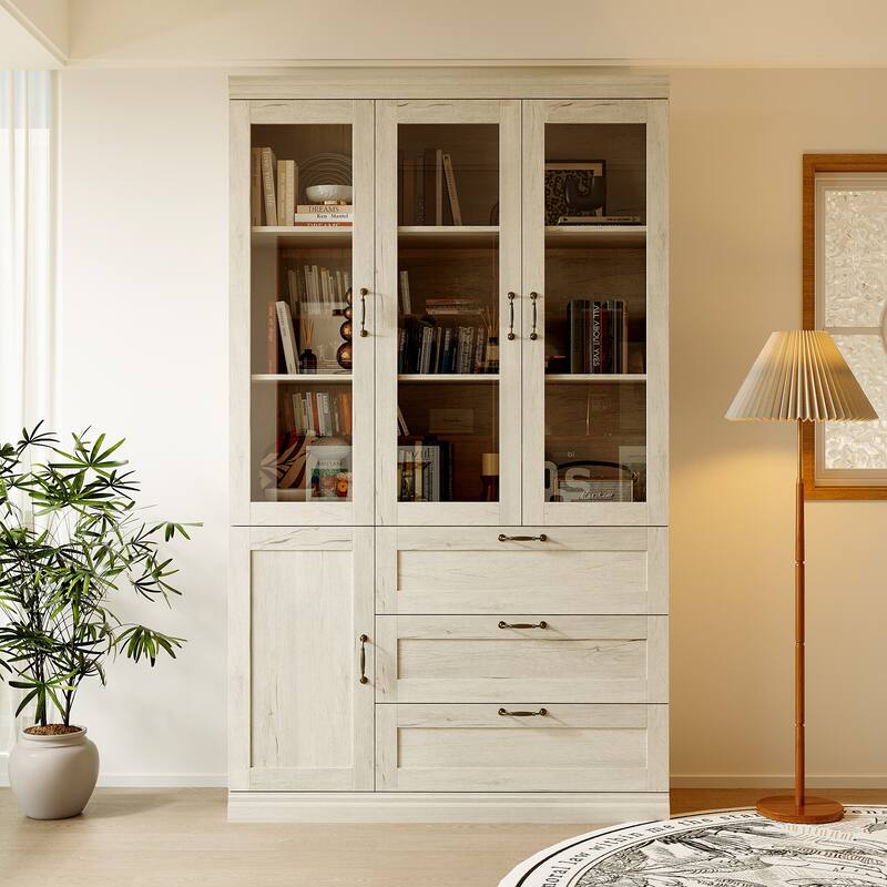 Bookcase Cabinet with Glass Doors and Drawers Multi-Purpose Storage Display Hutch for Living Room or Dining Room