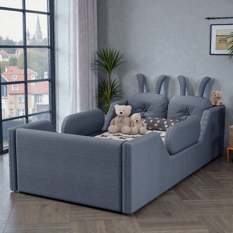 Twin Size Upholstered Floor Bed for Kids with Removable Side Rails, Soft Teddy Fabric Platform Bed