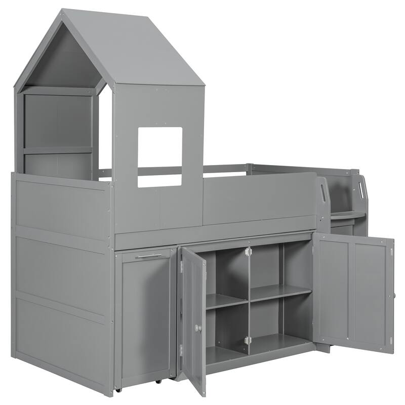 Roomfitters Twin Size House Loft Bed with Rolling Desk, Storage Cabinets and Staircase, All-in-One Space Saving Sleeper