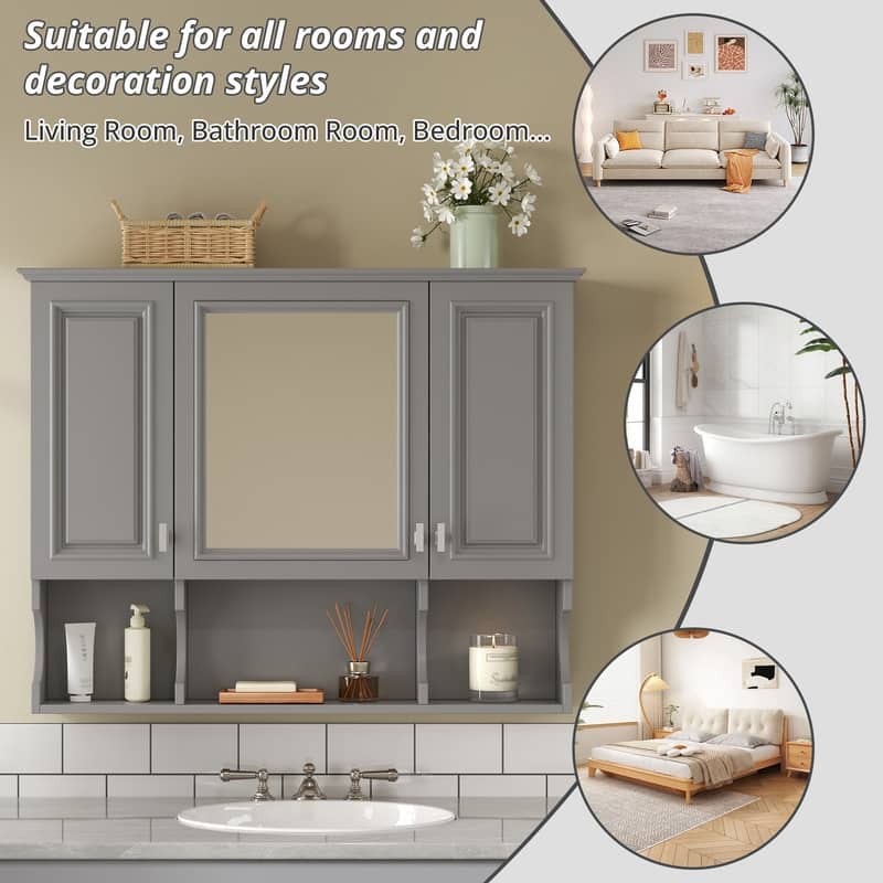 35" x 28" Wall Mounted Bathroom Cabinet with Mirror and Open Shelves