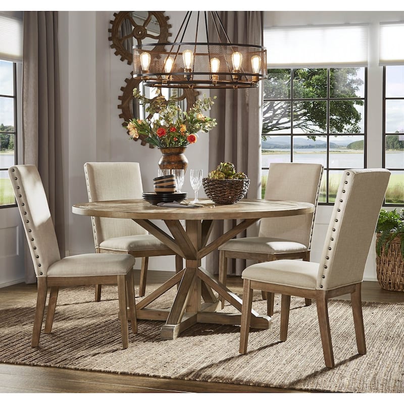 Benchwright Rustic X-Base Round Pine Wood Dining Set with Nail Head Chairs by iNSPIRE Q Artisan - 5-Piece Set - Beige