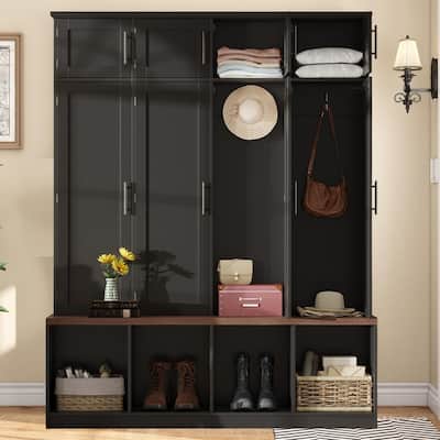 75"H Hall Tree with Walnut Storage Bench，Entryway Shoe Cabinet with Open Compartments and 8 Doors, 4 Hidden Hanging Hooks