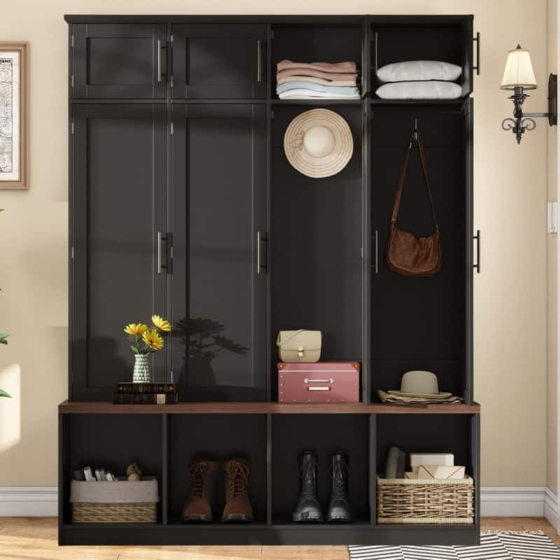 75"H Hall Tree with Walnut Storage Bench，Entryway Shoe Cabinet with Open Compartments and 8 Doors, 4 Hidden Hanging Hooks