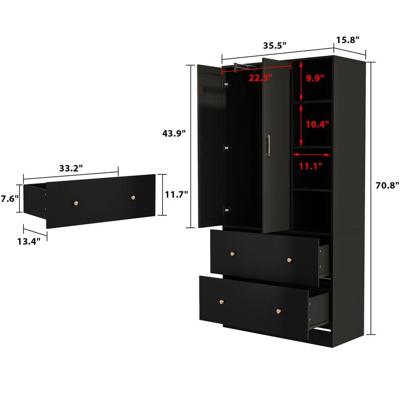 Wardrobe Closet Armoire with Mirror Scalable Hanging Rod Cabinet