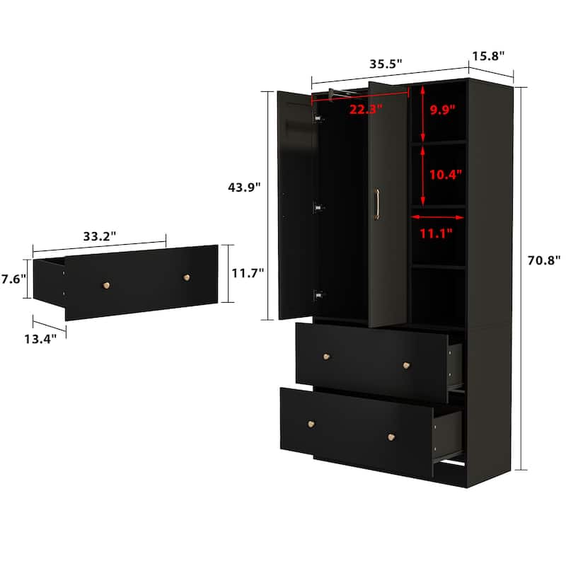 Wardrobe Closet Armoire wi/Mirror & Scalable Hanging Rod Space Saving