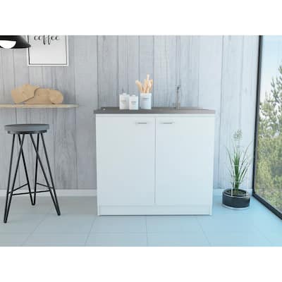 FM Furniture Oklahoma Utility Sink with Double Door Cabinet, 2 Inner Shelves, and Metal Handles