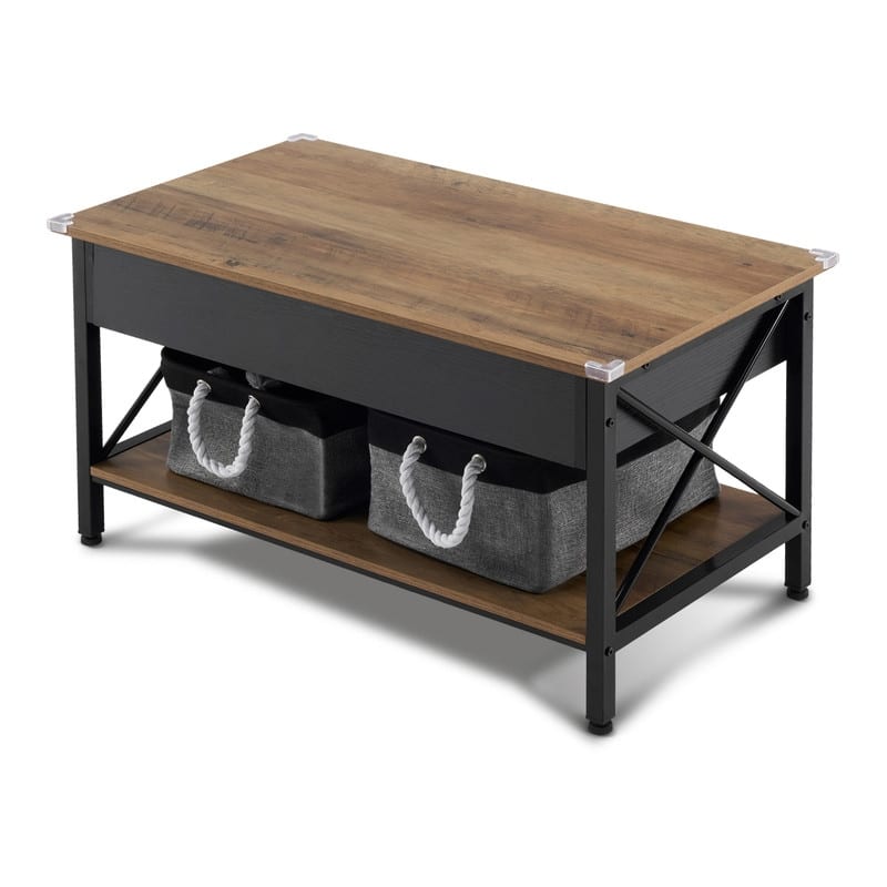 VINGLI Adjustable Side X-shaped Metal Frame Rectangular P2 Board Brown Panel Wood Grain Side Panel Coffee Table - Black