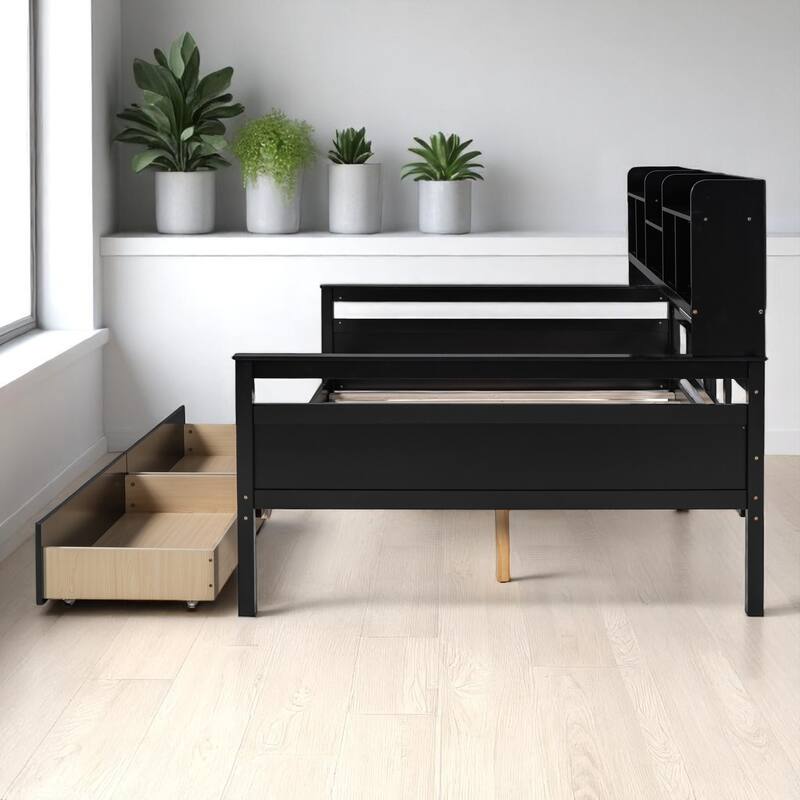 Wooden Twin/Full Daybed with 2 Storage Drawers and Bedside Shelves, No Box Spring Needed, Modern Design