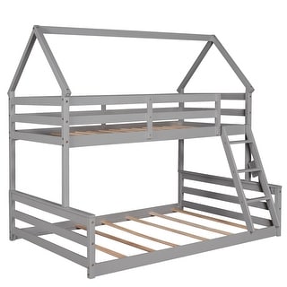 Twin Over Full Wood Bunk Bed w/Ladder & Safety Guardrails, Can be Divided Into Two Beds, Wooden Bunk Bed Frame for Kids Bedroom