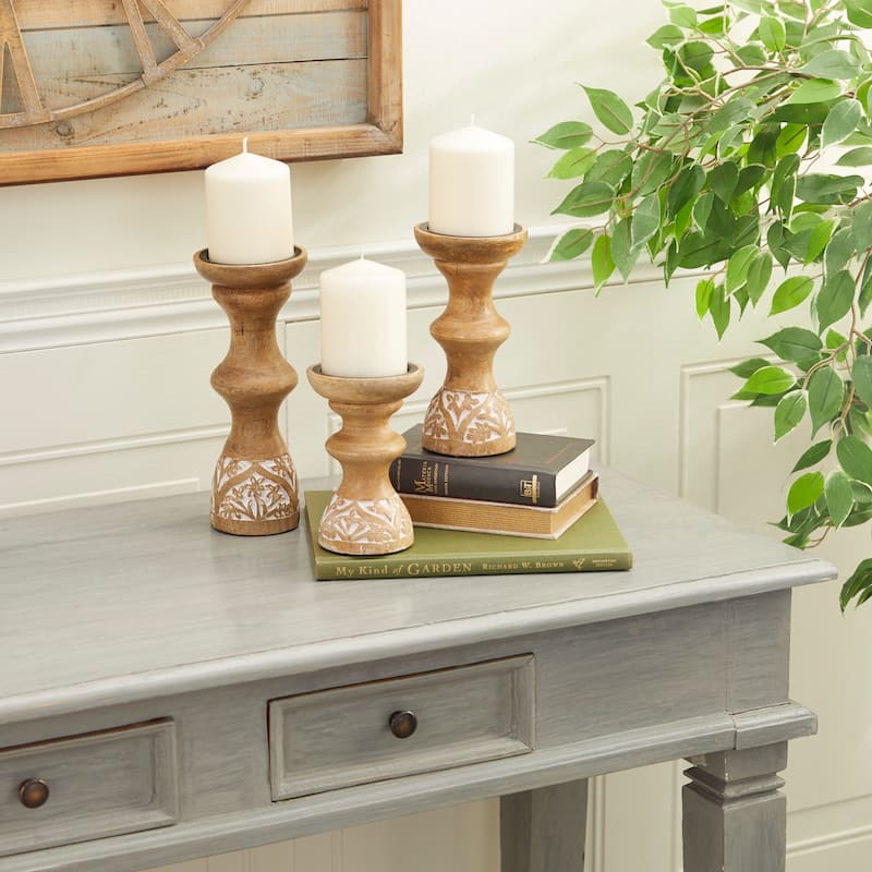 Wood Candle Holder - Set of 3 Brown - Roche River Decor - 4"W x 4"L x 10"H