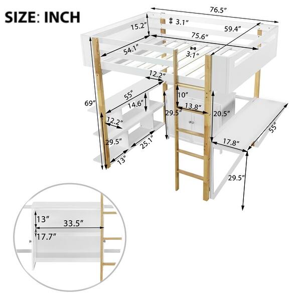 dimension image slide 1 of 2, Full Size Solid Wood Loft Bed with Built-in Storage and Foldable Desk
