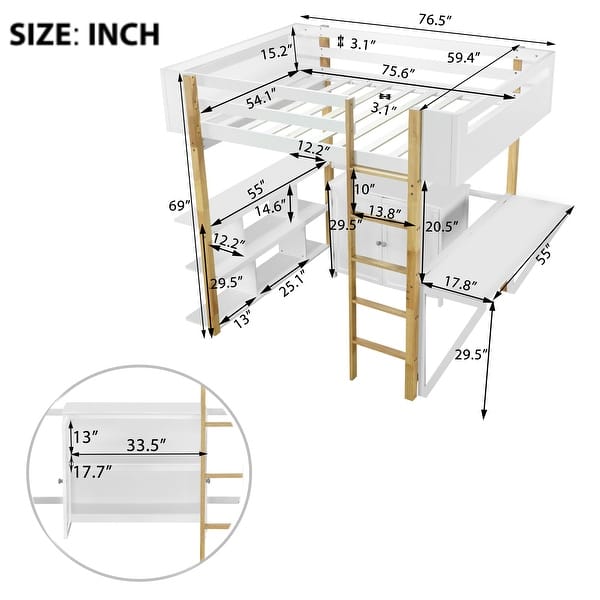 dimension image slide 0 of 2, Full Size Wood Loft Bed with Built-in Storage Cabinet and Foldable Desk, Stylish Grey Design for Maximizing Space