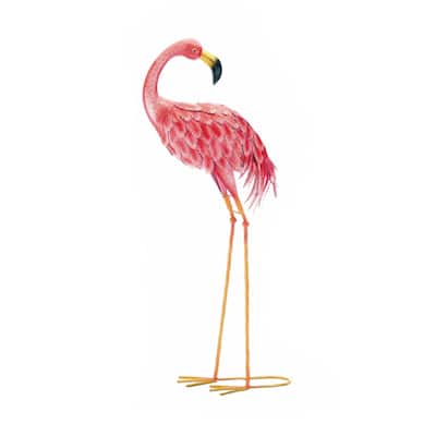 Standing Flamingo Looking Back Outdoor Statue - 33" - Pink and Beige