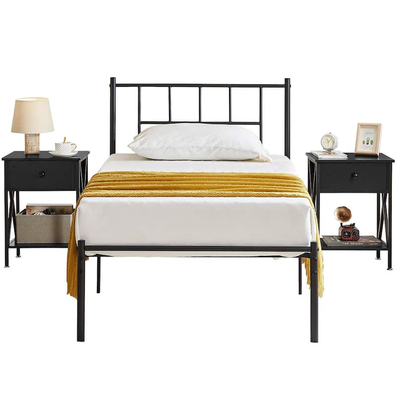 VECELO 3-Pieces Bed Frame with Wood Headboard and Modern Nightstands Set of 2 - Black - Twin