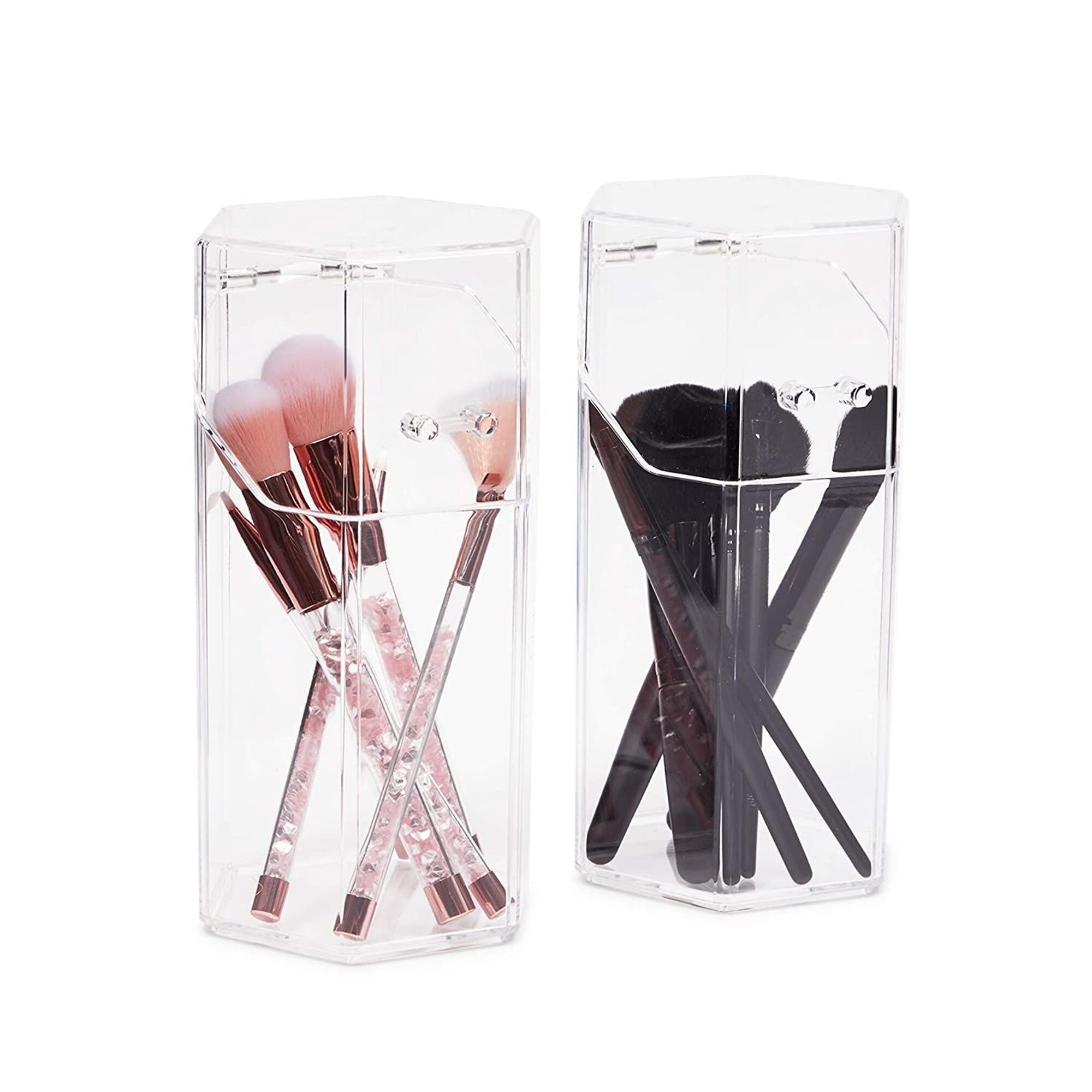 2 Pack Clear Hexagon Acrylic Makeup Brush Holder with Lid