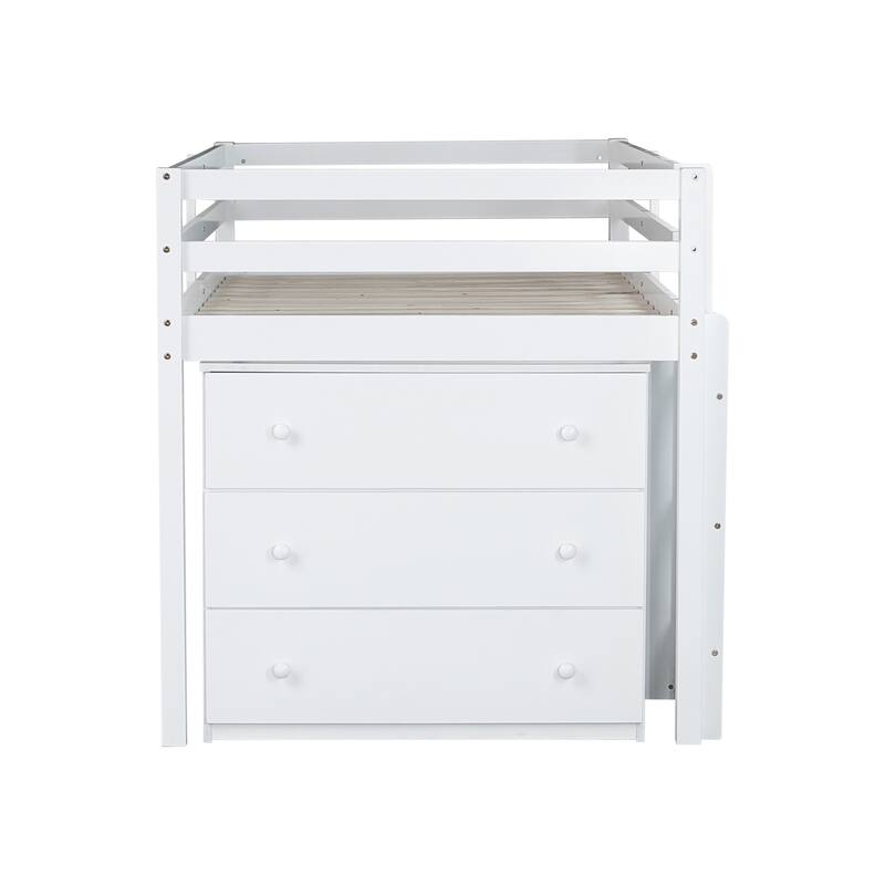 Twin Rubber Wood Loft Bed with Drawer Cabinet, Shelf,Pulling -Out Desk