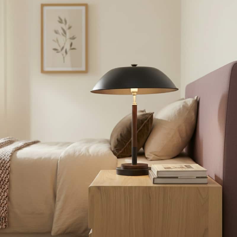 Kiara Mid-Century Modern Dome Table Lamp with Wooden Base