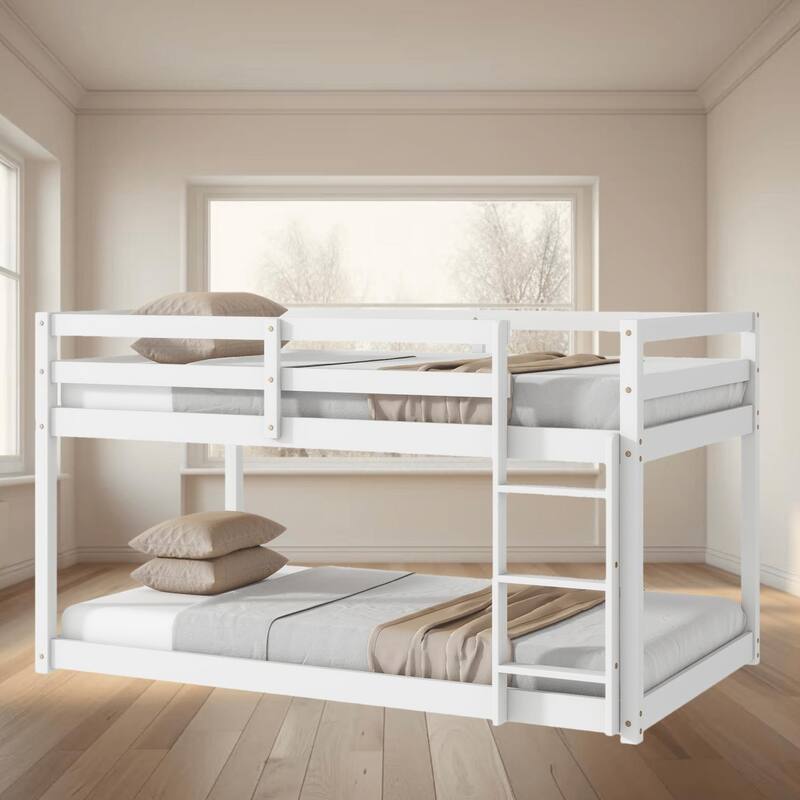 Rubber Wood Twin Over Twin Size Loft Platform Bed Frame with Ladder and Platform Slats, Space-Saving Design for Bedrooms - White - Twin