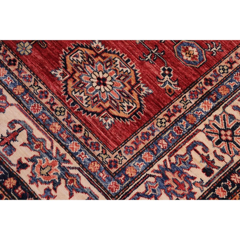Caucasian Super Kazak Luna Red/Beige Hand Knotted Wool Rug - 5'9'' x 7'9''
