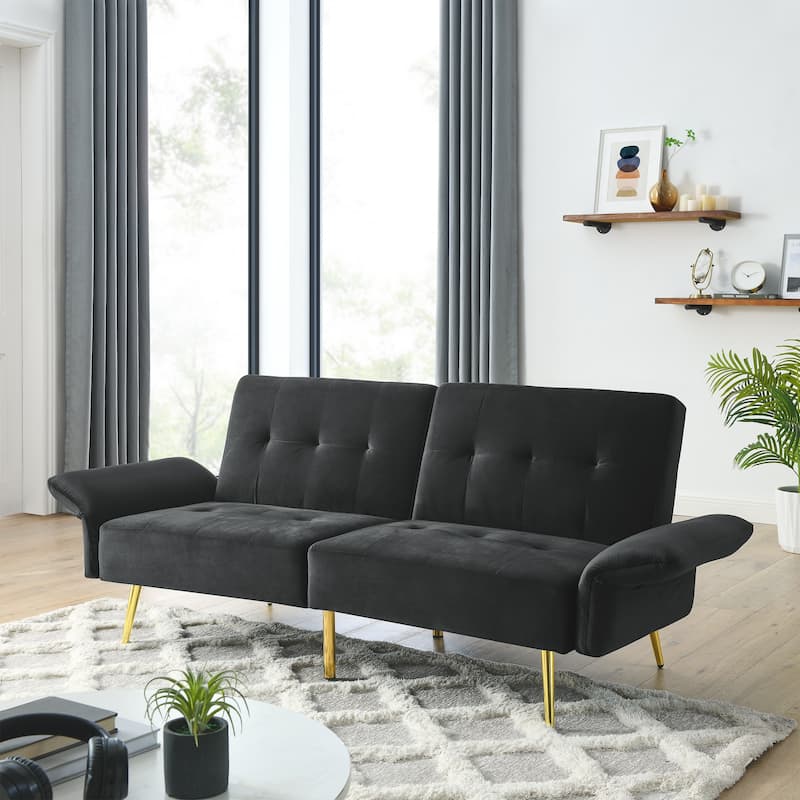 Italian Velvet Convertible Sleeper Sofa Bed with with Folded Armrests and Storage Bags - Black