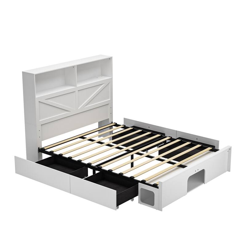 Modern Platform Bed: Sturdy Metal Frame,Barn Door Headboard with Lighting, Built - in Socket & Storage Space