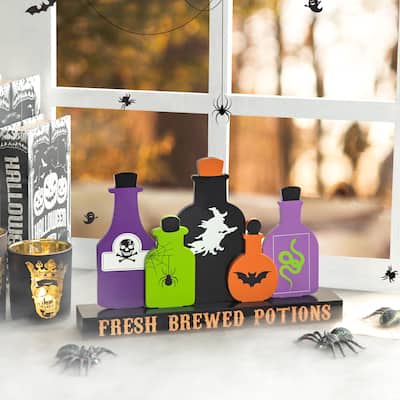 Glitzhome 14"L Halloween Wooden Poison Bottles Table Decor - Potions