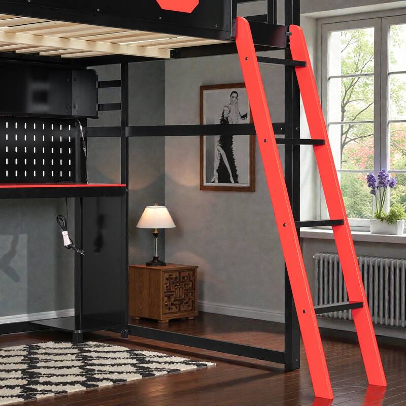 Full Size Wood Loft Bed with Desk, Shelves, LED Lights, USB Ports, Pegboard & Space-Saving Storage Design