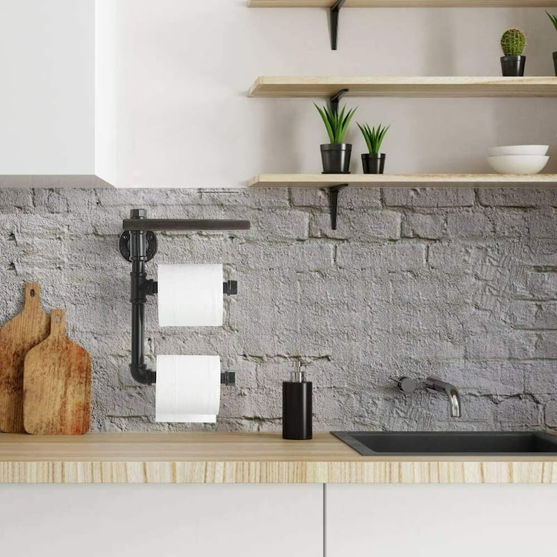 Double Wall-Mounted Wooden Shelf, Iron Metal Pipe Holder, Black