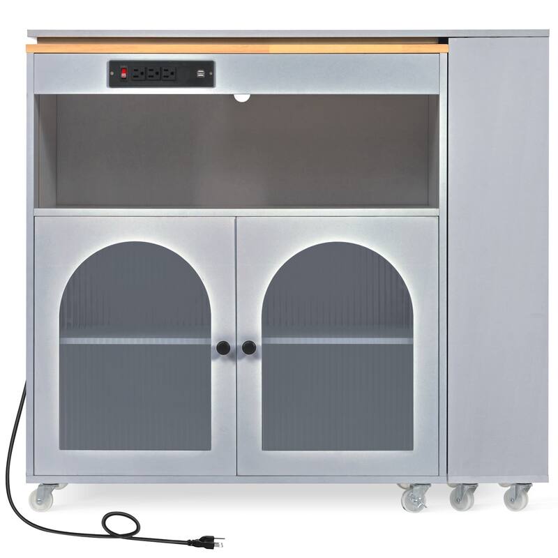 73.5'' Rubberwood Kitchen Island with LED Lights, Extended Table, Power Outlets and 2 Fluted Glass Doors