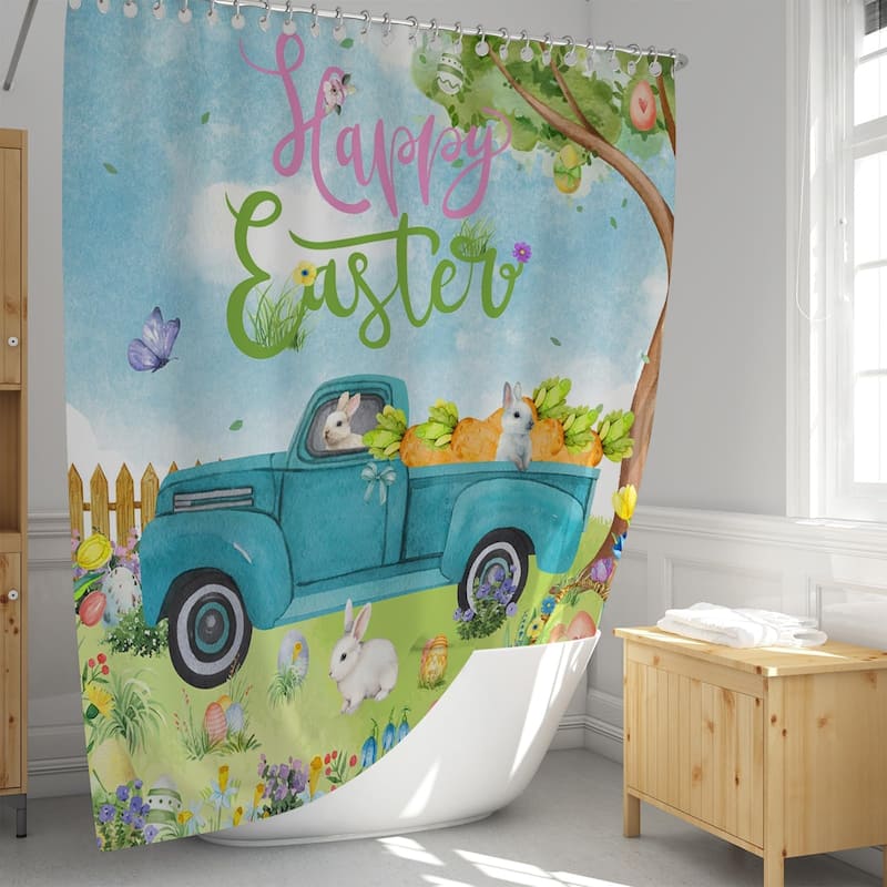 Happy Easter for Bathroom Easter Bunny With Eggs Shower Curtain