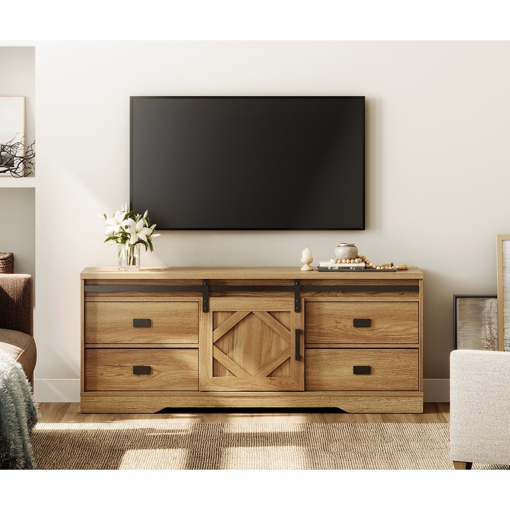 WAMPAT Farmhouse TV Stand with Sliding Barn Door for Living Room
