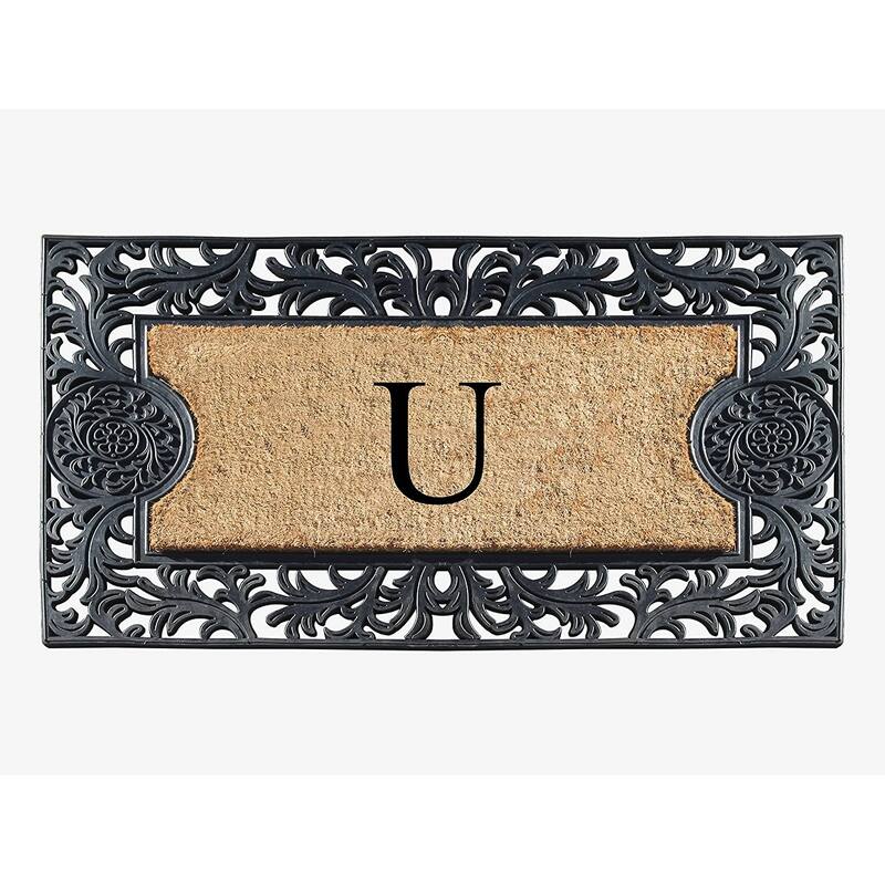 A1HC Floral Border Rubber and Coir Large Outdoor Durable Monogrammed Doormat, Black - 23" X 38"