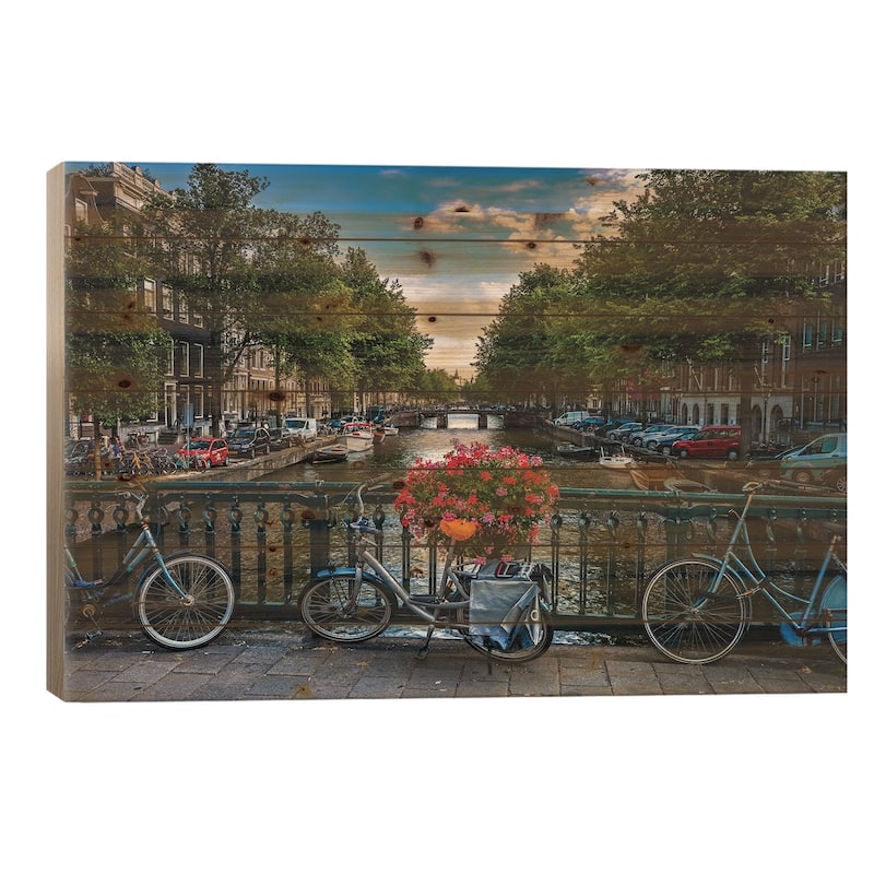 Netherlands Amsterdam Canal Bikes Print On Wood by Alex G Perez - Multi-Color - 18x26x1.5