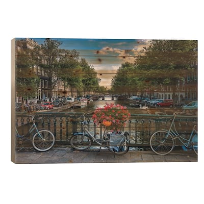 Netherlands Amsterdam Canal Bikes Print On Wood by Alex G Perez - Multi-Color