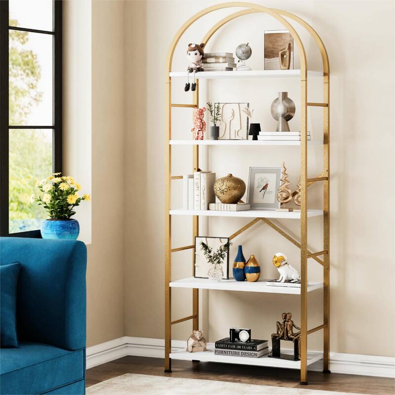 Futzca 5 Tiers Bookshelf Arched, Wooden Bookcase Display Rack - Gold/White