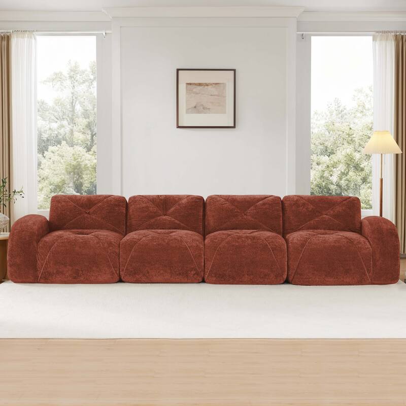 Roomfitters 114 Inch Modular Floor Sofa, Fluffy Plush Sectional with Ottoman, Chocolate