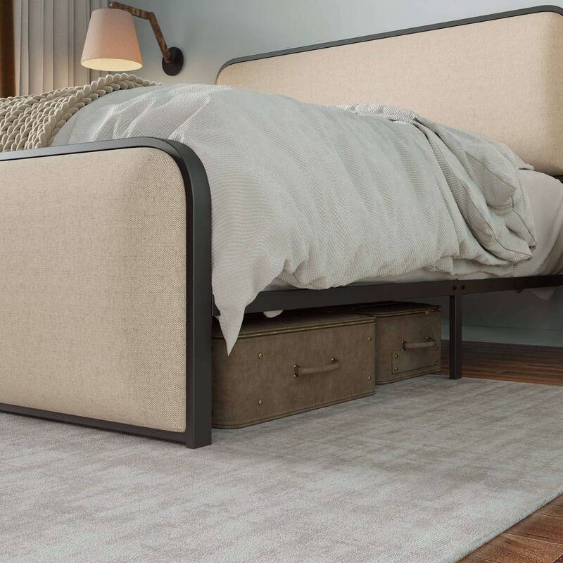 Modern Metal Platform Bed Frame with Upholstered Curved Headboard & Footboard, Heavy Duty Slats, Queen/King