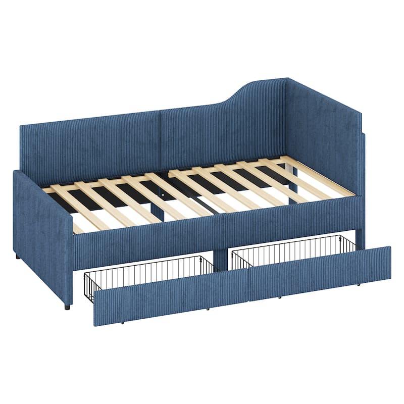Vertical Lines Upholstered Platform Bed Frame with 2 Storage Drawers, L-Shaped Corduroy Daybed Sofabed