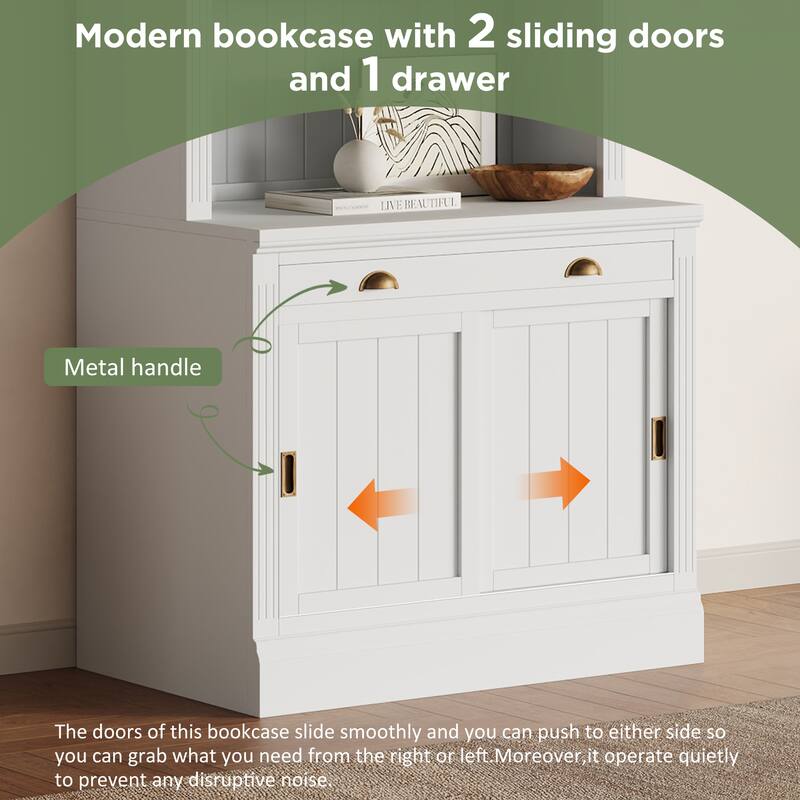 83.4" Tall Bookshelf with 3-layer LED Lightings, Modern Bookcase with Sliding Doors and Open Shelves,Storage Bookshelf