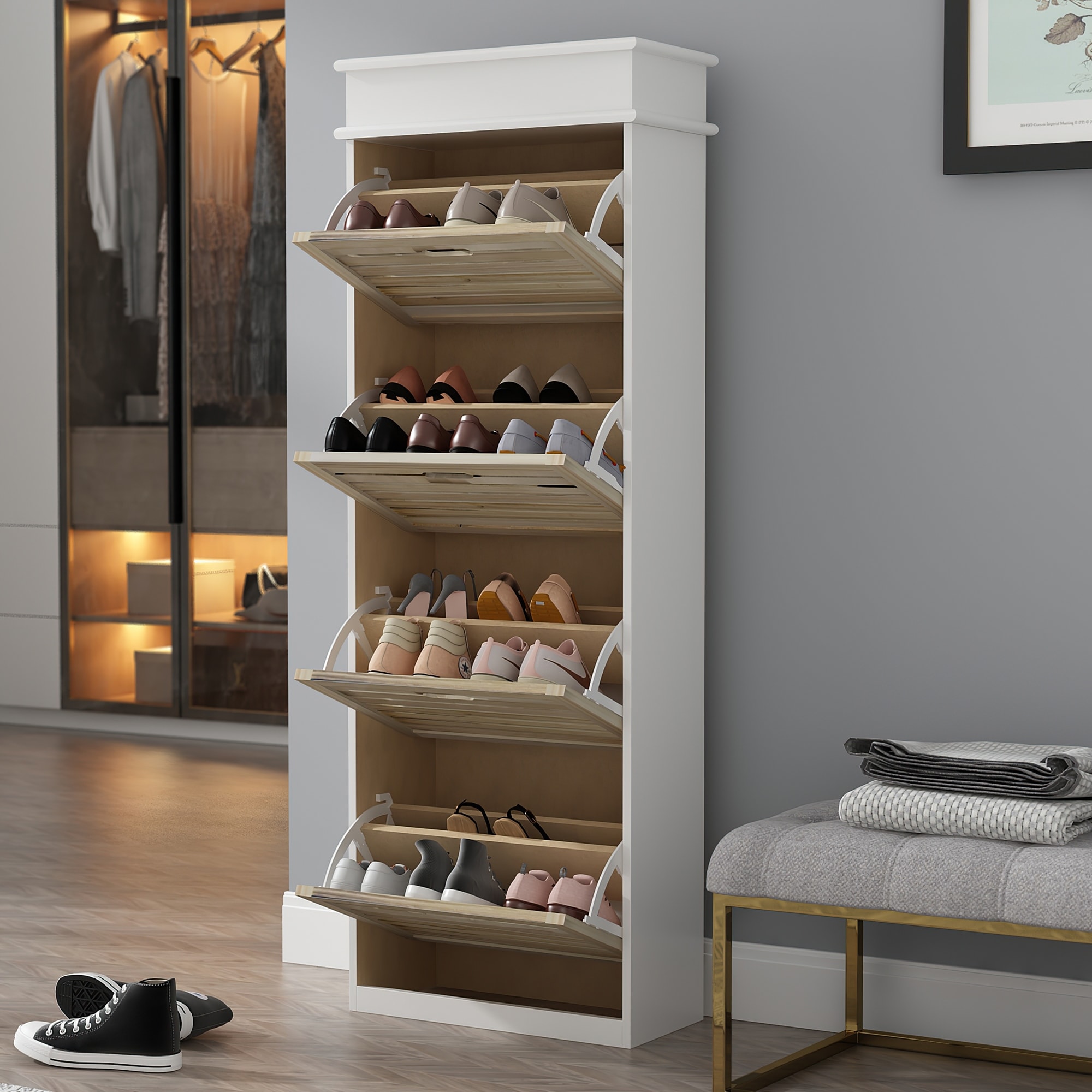 FUFU&GAGA 70.9-in H 8 Tier 18 Pair White Wood Shoe Cabinet in the Shoe  Storage department at