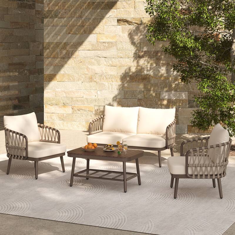 4-Piece Outdoor Patio Furniture Set, with Metal Chairs, Outdoor Conversation Set with Thick Cushions and Coffee Table