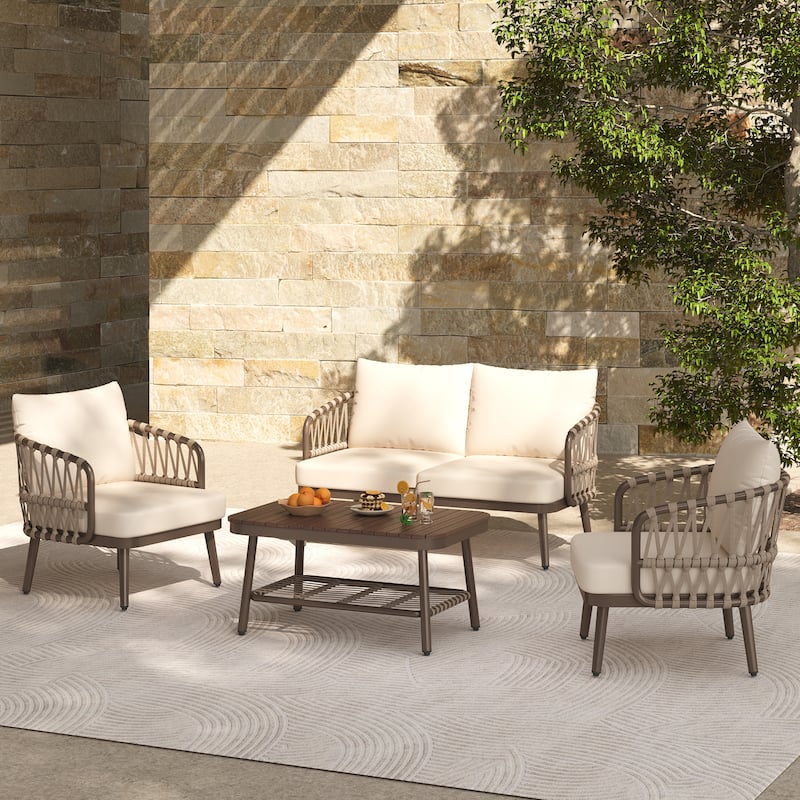 Modern 4-Piece Patio Conversation Set with Woven Rope Backrest, Acacia Coffee Table and Cushions, Outdoor Furniture
