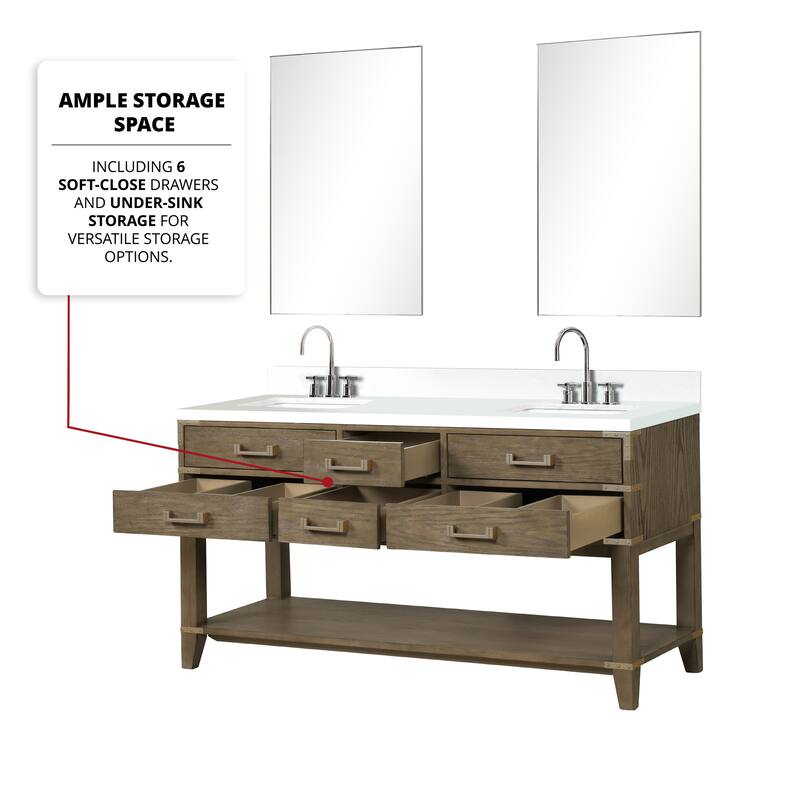 Norwalk 60 in W x 22 in D Black Oak Double Bath Vanity, White Quartz Top, and 28 in Mirrors