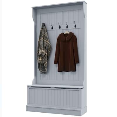 Grey MDF Entryway Shoe Bench with Steel Hooks and Storage Seat - 37.75" W x 13.5" D x 70.75" H