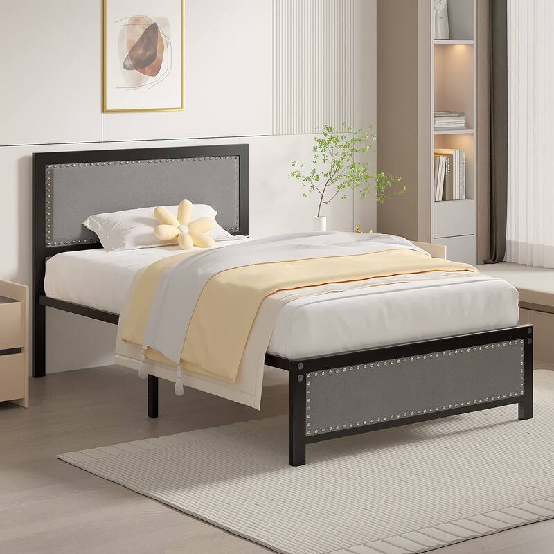 Metal Bed Frame with Linen Upholstered Nailhead Headboard, Platform Bed with 12.6" Under Bed Storage, No Box Spring Needed