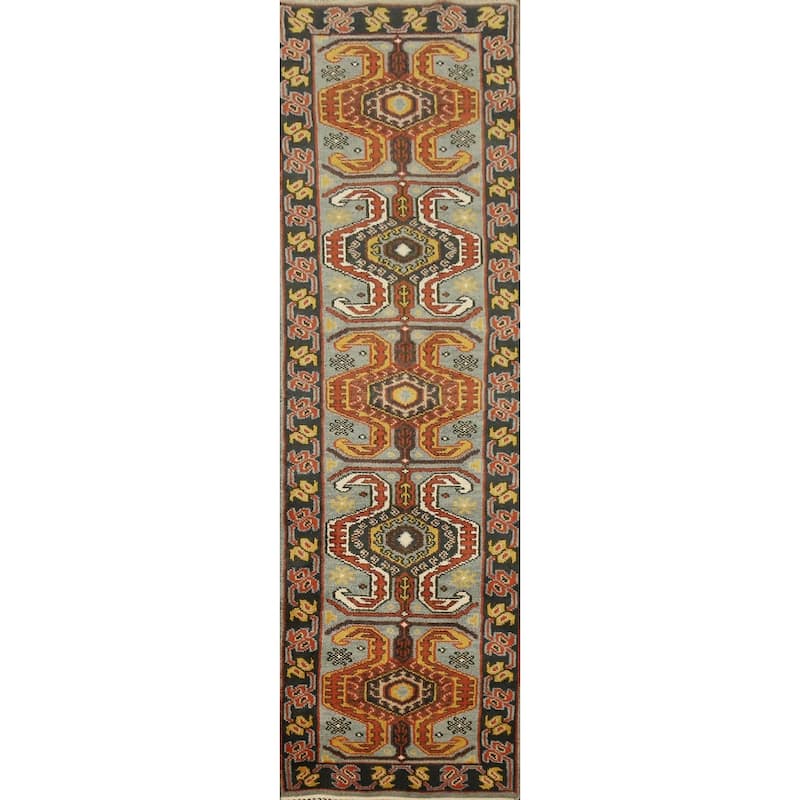 Hand Knotted Oriental 100% Wool Carpet Traditional Geometric Oranges & Rust Kazak Runner Rug - 9' 9'' X 2' 6''