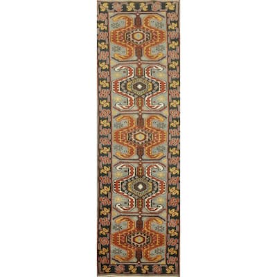 Hand Knotted Oriental 100% Wool Carpet Traditional Geometric Oranges & Rust Kazak Runner Rug - 9' 9'' X 2' 6''
