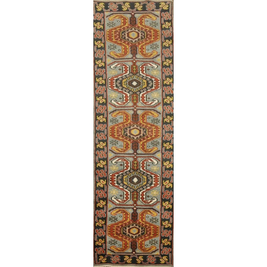 Hand Knotted Oriental 100% Wool Carpet Traditional Geometric Oranges & Rust Kazak Runner Rug - 9' 9'' X 2' 6''
