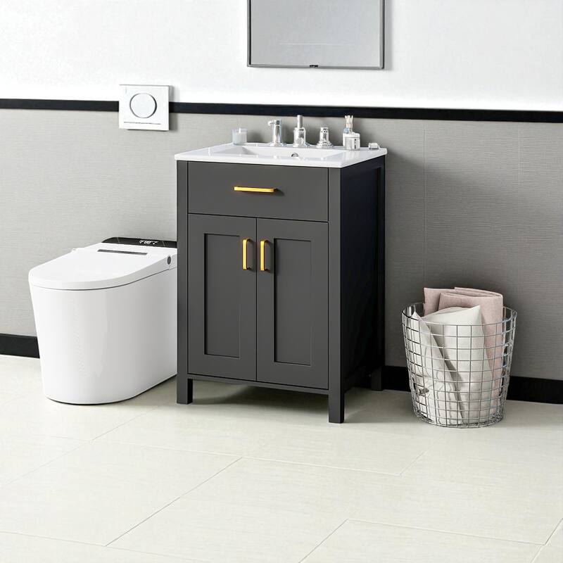24" Freestanding Bathroom Vanity with Ceramic Sink, Soft-Close Doors and Solid Wood Frame, Space-Saving Modern Cabinet